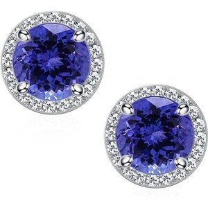 December 18k White Gold Tanzanite Birthstone Diamond Halo Stud Earrings S925 Gem
